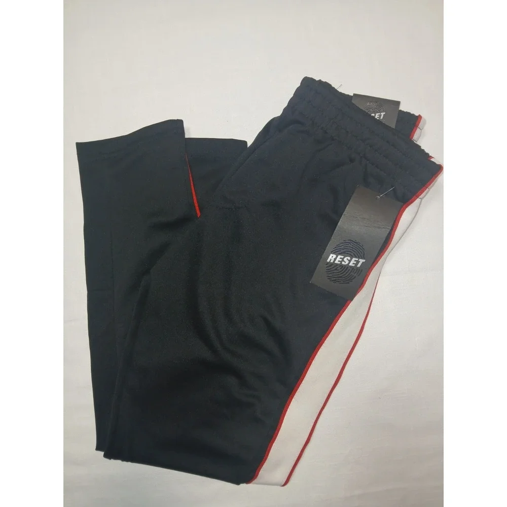 Reset Boys Tricot Track Pants Black White Red Side Stripe Sz 10/12